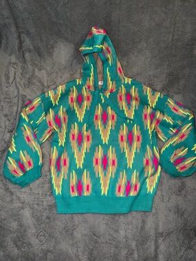 Crazy Train Womens Teal Aztec Geometric Pattern Knit Sweater Hoodie Boho XL